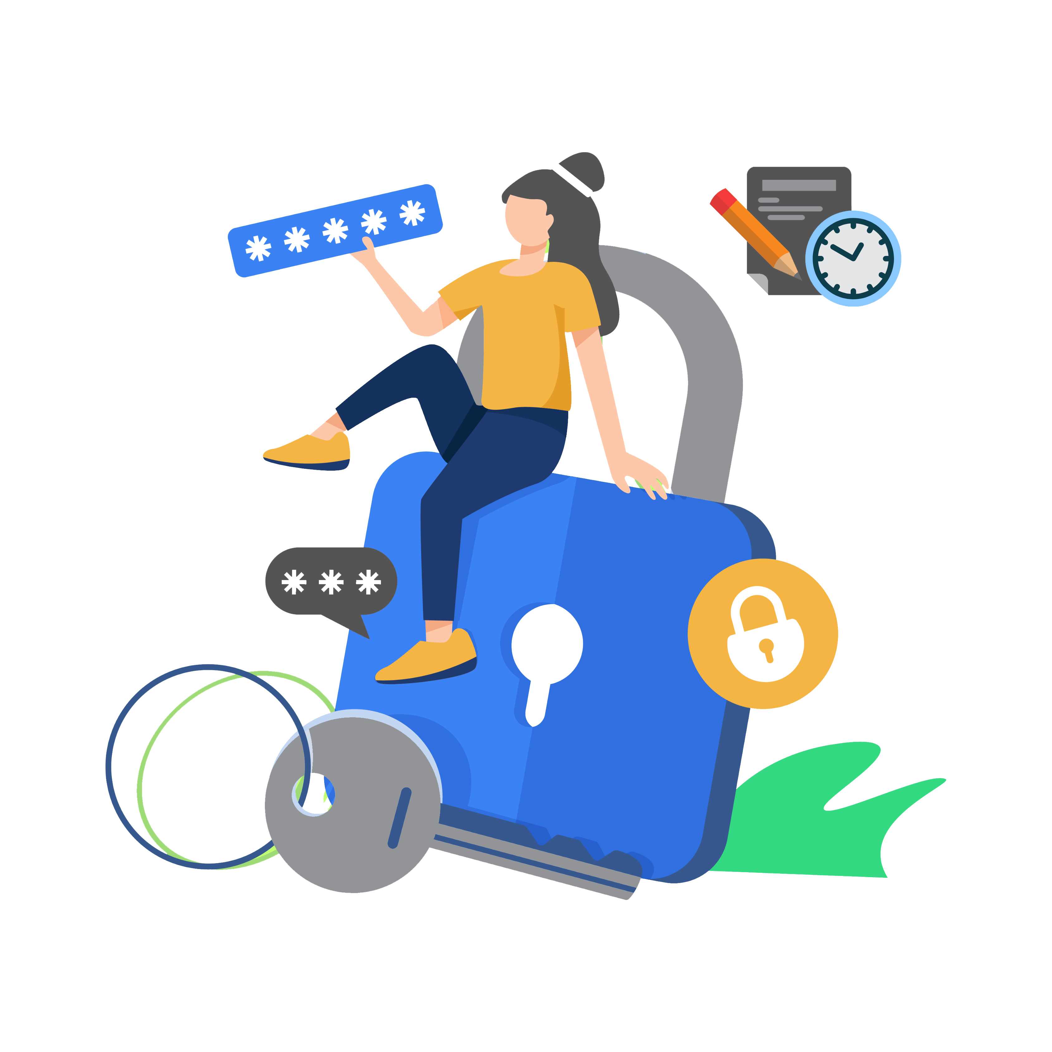 A graphic illustration of a person seated on a large blue padlock, holding a digital key, representing Tally on Cloud security and encrypted data access.